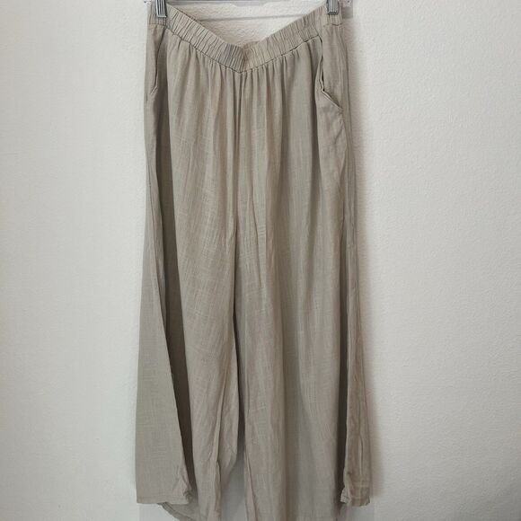 Zenana Outfitters Pants - Zenana Brown Linen Blend Elastic Waist Pants Pockets Wide Leg Ladies L Casual
